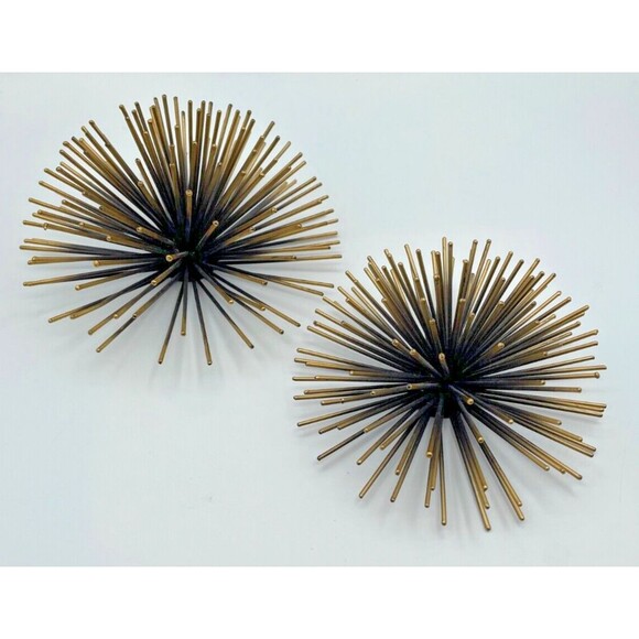 Metal Gold Atomic Starburst 3D Sea Urchin Wall Hanging Decor MCM Set Of 2 - Picture 1 of 11